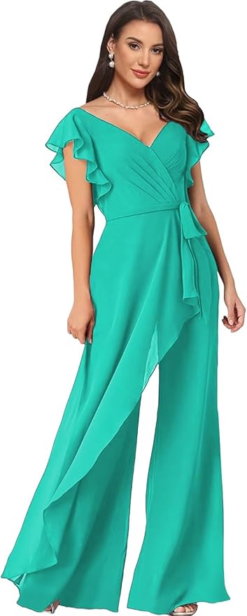 Chiffon Mother of The Bride Jumpsuits for Women Asymmetrical Pant Suits Flutter Sleeve V Neck Formal Evening Outfits