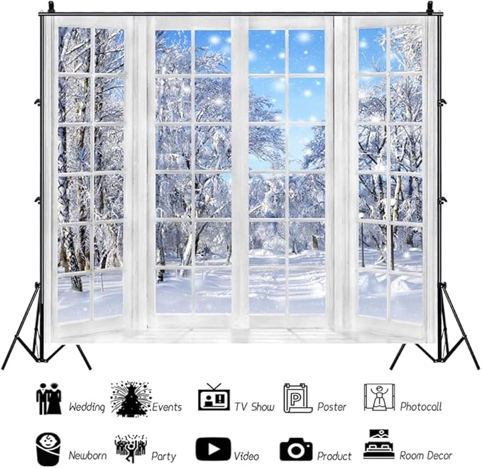 10x8ft Winter Backdrop Christmas Backdrops for Photography Window Snowy Wonderland New Year Background Family Gathering Party Banner Decorations Portrait Photo Booth Props