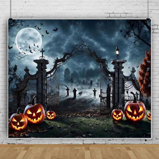 Halloween Night Cemetery Gate Jack O'Lantern Graveyard Full Moon Bats Backdrop for Trick or Treat Party Decorations Photography Background Studio Props 10x6.5ft(300x200cm)