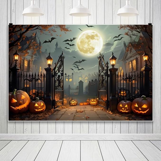 Leowefowa 12x8ft Halloween Backdrop Scary Full Moon Night Pumpkin Lantern Background Horror Bat Dead Tree Fall Leave Halloween Eve Party Banner Decor Photography Supplies Prop