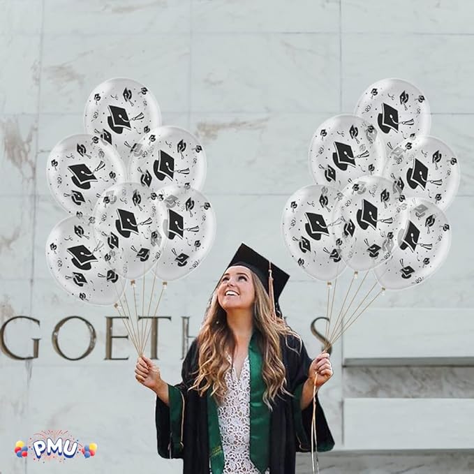 PMU 100 Pcs Clear Graduation Balloons Class of 2025 with All-Over Print White Grad Caps-Confetti and Streamers | Graduation Party Supplies | Congratulations Grad Latex Balloons Latex