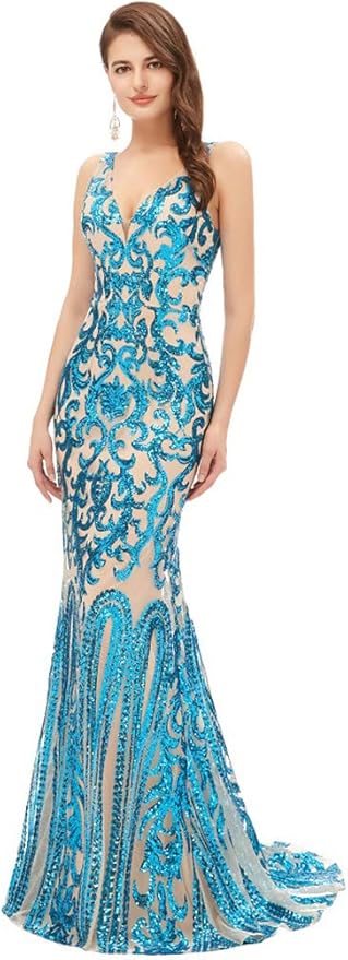 Women's Double V-Neck Sequins Lace-up Mermaid Evening Dress