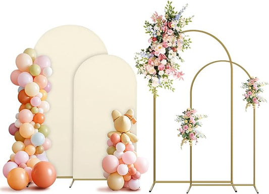 Arch Backdrop Stand and Cover Set, 2 Metal Balloon Arch Backdrop 7.2ft 6ft, Gold Arched Stand Frame for Wedding, Parties,Birthday, Backdrop Decorations (Beige,7.2ft+6ft)