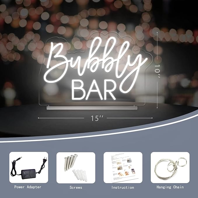 Bubbly Bar Neon Sign Tabletop, Handmade White Wedding LED Neon Light with Stand for Wedding Engagement Event Party Baby Bridal Shower Home Champagne Mimosa Bar Reception Table Sign - 15''