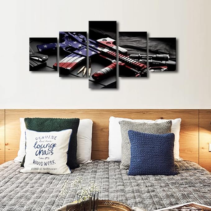 Retro Gun American Flag Military Canvas Print Art Independence Day Home Decor Wall Art Pictures for Living Room 5 Panel Large Poster Painting Stretched by Wooden Framed Ready to Hang 50"Wx24"H
