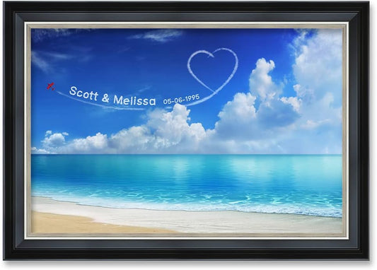 IPIC - Seaside Skywriting Personalized Framed Wall Art with Names and Date on, Giclee Prints Framed with Solid Wood, Custom Memorial Gifts for Wedding Anniversary. Total Size: 27.25" W x 19.25" H
