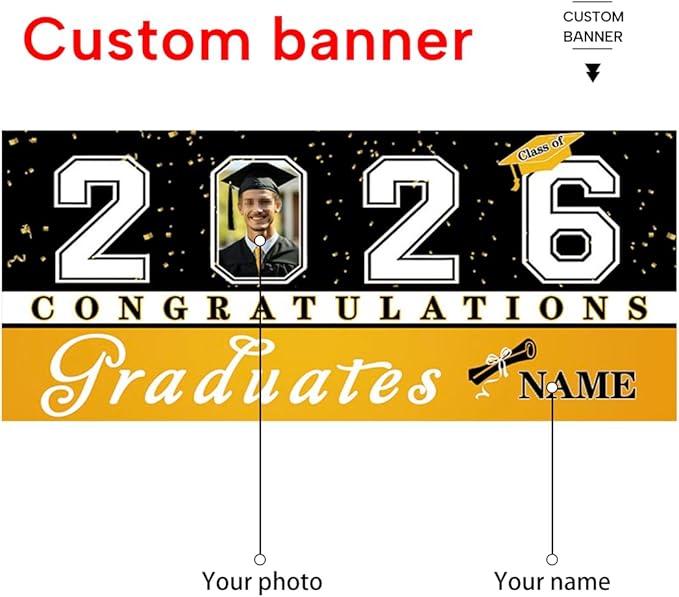 Custom Photo Graduation Garage Door Banner Personalized 2026 Grad Banner 7x16ft Porch Door Sign Decoration Outdoor Photo Booth Backdrop Party Supplies(Yellow)