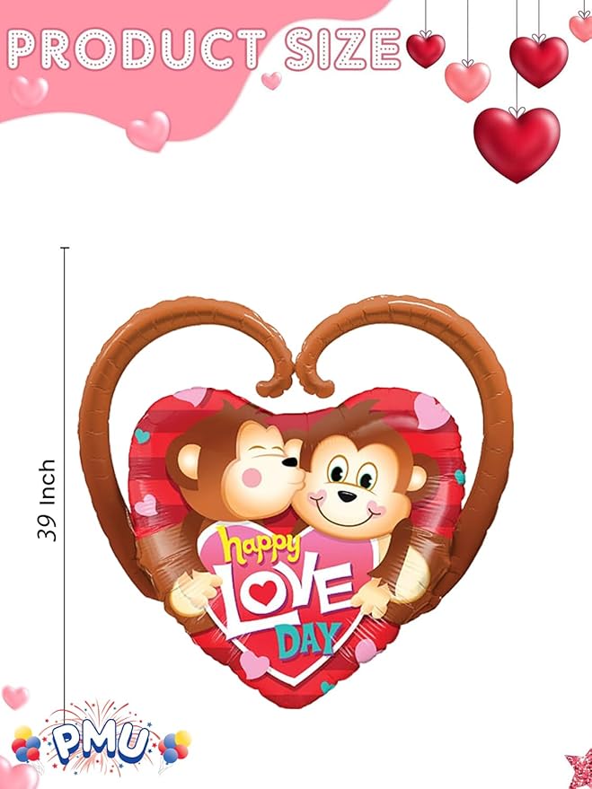 PMU Valentine's Day "Happy Love Day" Monkeys 39in Mylar-Foil Balloon 25/pkg