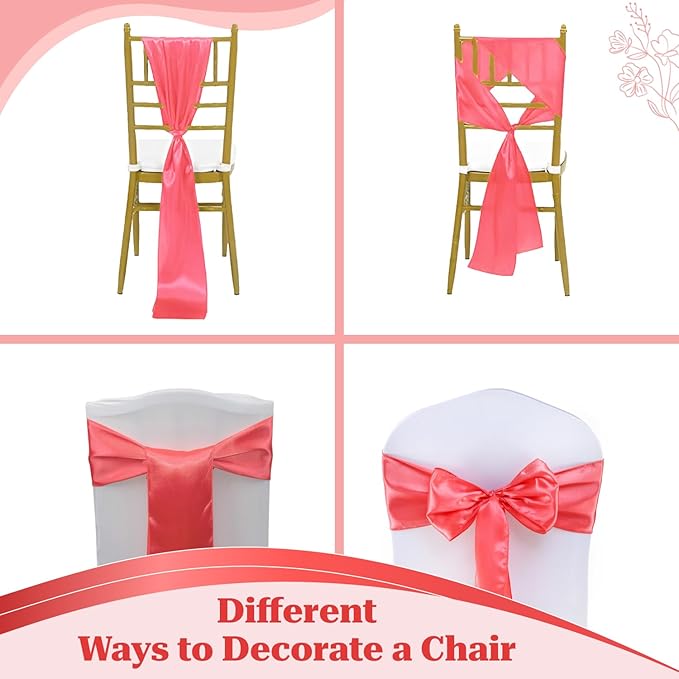 VDS Satin Chair Sashes Chair Cover Back Tie Sateen Bows Ribbon for Wedding Birthday Graduation Engagement Ceremony Event Party Banquet Venue Hotel All Dining Chair Decoration (300PC) (Coral)