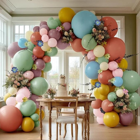 Blue Green Pink Balloon Arch Double Stuffed, Pastel Green Purple Yellow Beige Balloons Cosmos Kelsang Flowers for Baby Shower Birthday Bridal Gender Reveal Floral Easter Tea Party Decorations