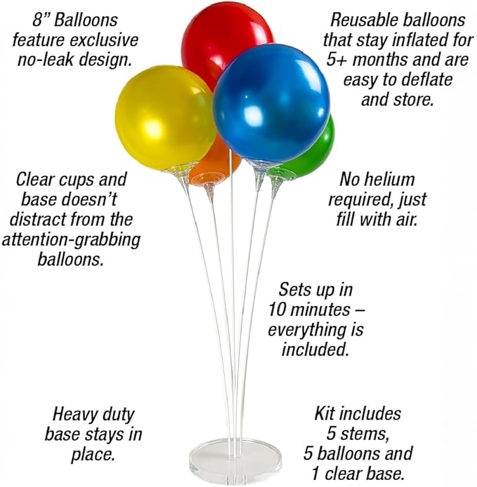 Reusable Balloon Tabletop Kit - Helium-Free Vinyl Bouquets - Lasting Inflation - Includes 5 Balloons, Stems & Acrylic Base, for Business, Schools & Events (Multicolor)