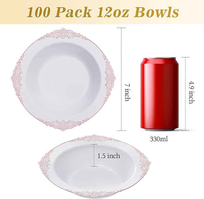 100 Pack White Plastic Bowls with Rose Gold Relief Rim, 12oz Plastic Salad Bowl, Disposable Bowls for Party, Dinners, Weddings, Christmas, Thanksgiving, Valentine's Day