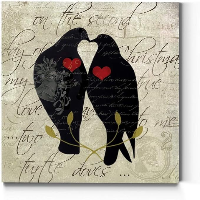 Renditions Gallery Twelve Days of Christmas Wall Art, Two Turtle Doves, Lovely Winter Artwork, Kissing Birds, Premium Gallery Wrapped Canvas Decor, Ready to Hang, 32 in H x 32 in W, Made in America