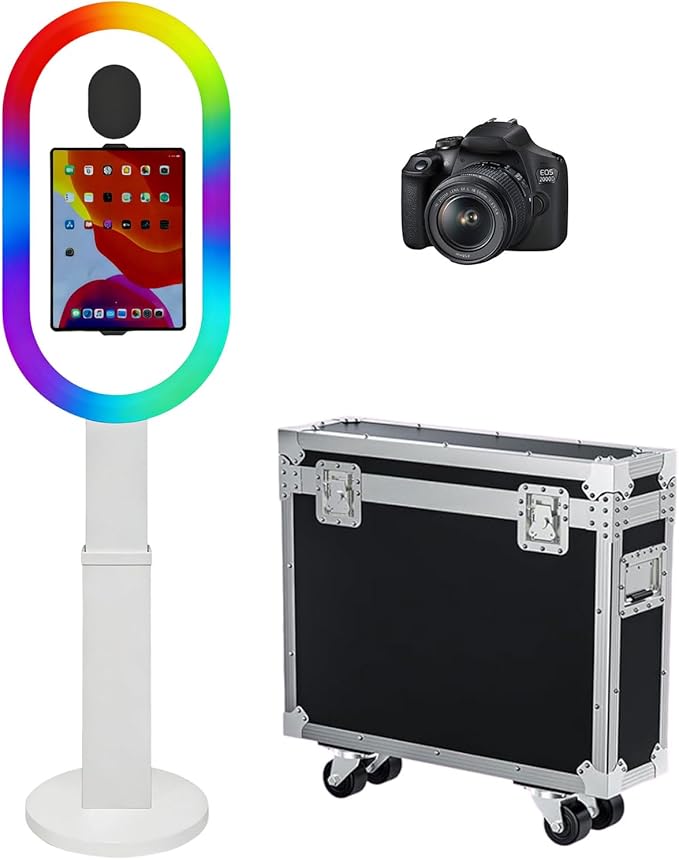 Photo Booth Shell Compatible with iPad Tablet 10.2'' 10.5’’ 10.9'' 11'' 12.9'' 13'' Selfie Protable iPad Photo Booth Machine with Flight Case for Parties Wedding Rental (White, Machine+Camera)