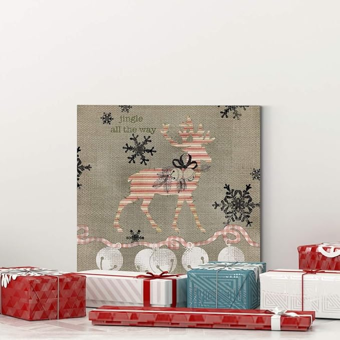 Renditions Gallery Jingle All the Way Reindeer Wall Art, Christmas & Winter Decor, White & Red Striped Fabric Look, Premium Gallery Wrapped Canvas, Ready to Hang, 40 in H x 40 in W, Made in America