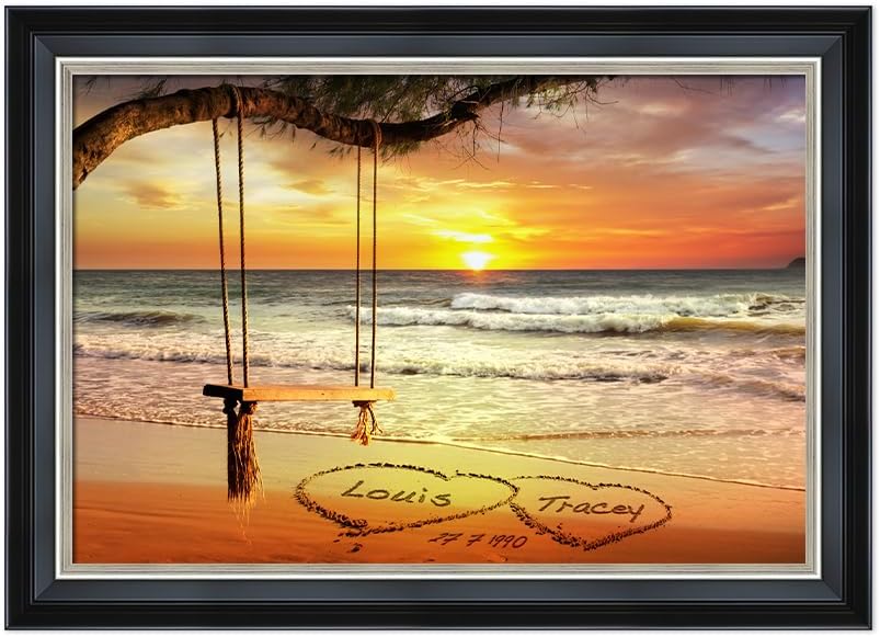 IPIC - "Eternal Love Personalized Canvas Wall Art, Custom Beach Sunset Scene with Solid Wood Frame, A Personalized Gift with Name and Date for Couple, Wedding, or Anniversary