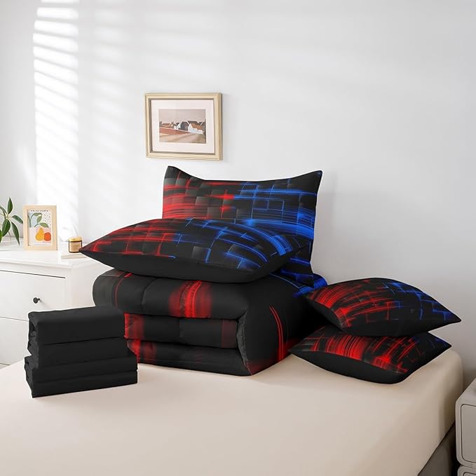 Feelyou Red Blue Bedding Set Full Size Boys Girls Geometric Strip Lines Comforter Set with Sheets 7 Piece for Bed in a Bag Abstract Modern Bed Set with Comforter,Sheets,Pillowcases