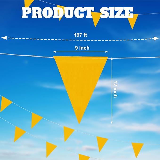 Preboun 197FT Pennant Banner Flags High Visibility Safety Marking Flags Traffic Resistant Warning Signs Rooftop Flagging for Roadwork, Hazard Areas, Construction Sites(9 x 12 Inch,Yellow)
