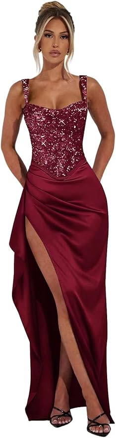 Basgute Sparkly Sequin Prom Dresses for Women 2026 Mermaid Corset Long Slit Ball Gown Formal Evening Party Dress