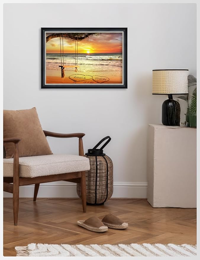 IPIC - "Eternal Love Personalized Canvas Wall Art, Custom Beach Sunset Scene with Solid Wood Frame, A Personalized Gift with Name and Date for Couple, Wedding, or Anniversary