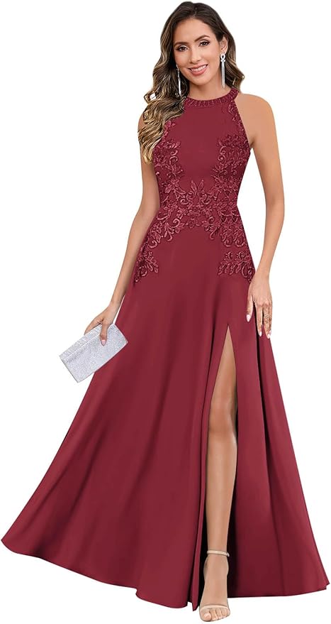 GUKARLEED Halter Lace Appliques Mother of The Bride Dresses for Women Long A-line Formal Wedding Guest Dress with Slit