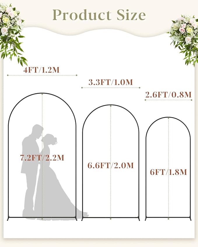 Wedding Arch, Metal Arch Backdrop Stand, Balloon Arch Stand Wedding Frame for Ceremony Decoration (Black, 7.2FT, 6.6FT, 6FT Arch Backdrop)