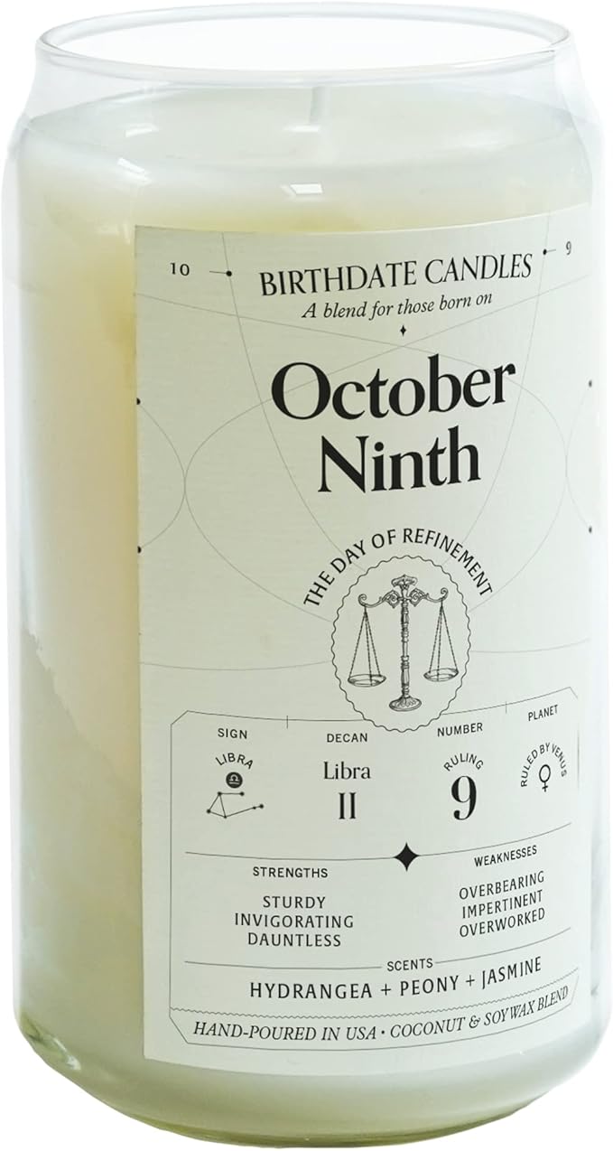Birthdate Candles, October 9 - Libra Zodiac Scented Candles Birthday Gift - Hydrangea, Peony & Jasmine Scent - All-Natural Soy & Coconut Wax, 60-80 Hour Burn Time - Made in USA