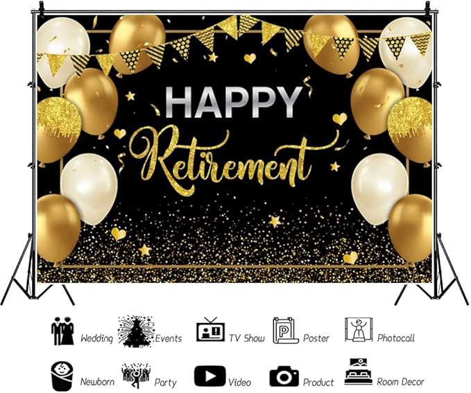 15x10ft Happy Retirement Backdrop for Photography Glitter Black Gold Retirement Party Decorations Banner Background Gold Sequins Balloons Men Women Celebrate Retirement Party Supplies Props