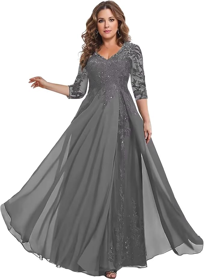 Long Sleeve Mother of The Bride Dress for Wedding Chiffon Lace Applique Formal Gowns BOF163