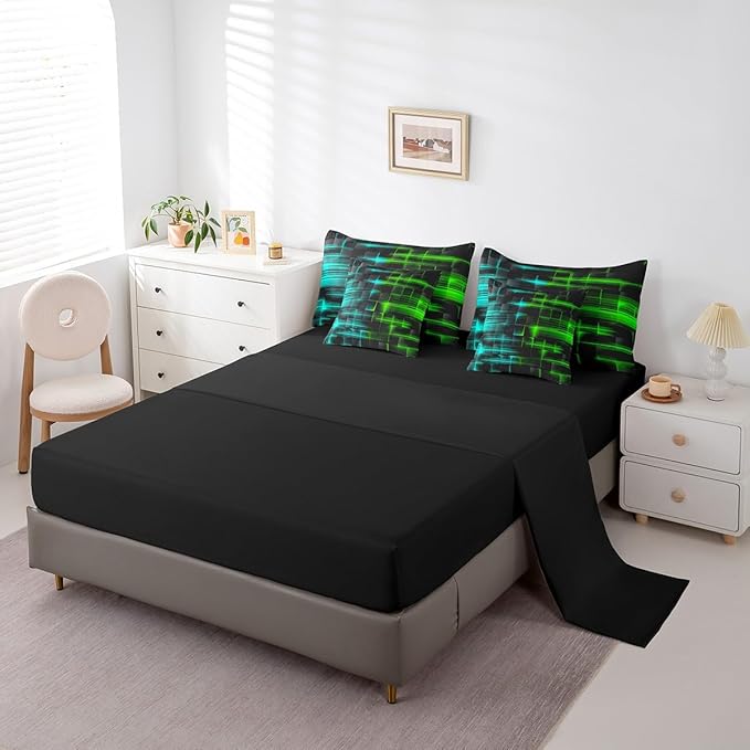 Feelyou Green and Blue Comforter Set with Sheets 7 Piece Twin Size Kids Geometric Bed in a Bag Strip Lines Bedding Set Abstract Art Bed Set with Comforter, Sheets,Pillowcases,Cushion Covers
