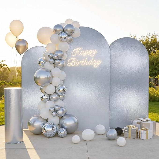 Sliver Shimmer Arch Backdrop Cover Set of 3 (7.2,6.6,6ft),Glitter Spandex Fitted Chiara Cover with Zipper,Thick Sequin Soft Stretchy for Wedding Birthday Baby Shower Graduation Party Photo Backdrop