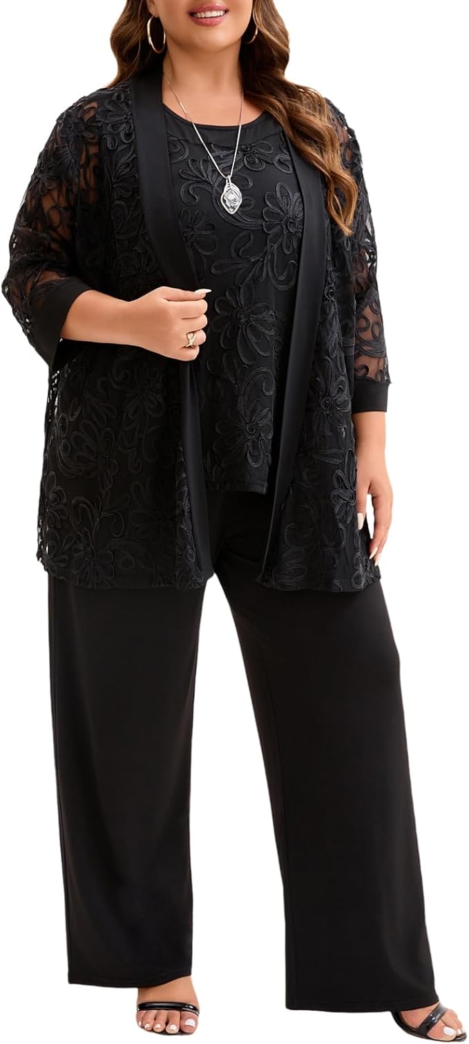 Plus Size 3 Piece Floral Embroidered Pantsuit Set Women Mother of Bride Wedding Guest Formal Evening Cocktail Party Attire