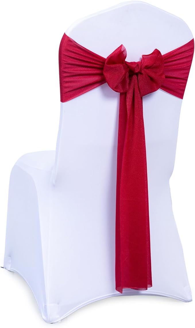 VDS Pack of 25, Apple Red, Sheer Chiffon Chair Sashes Bows Chair Cover Back Tie Ribbon for Wedding Birthday Baby Shower Engagement Ceremony Event Party Banquet Restaurant Dining Chair Decoration