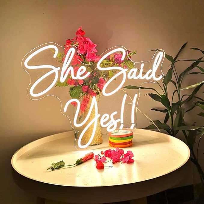 Large She Said Yes Neon Sign 23x16.3” Warm White for Wedding Proposal Party, Wall Décor, Flex Led Neon Light Signs for engagement party, Wedding Decoration, Romantic Neon Sign gift