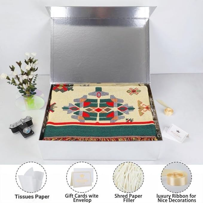 UoeRing 1 Extra Large Silver Gift Box 20x16x7 inch Luxury Gift Box for Presents with Magnetic Closure Lid Collapsible,Birthday,Christmas,Contains Card, Ribbon,Tissue Paper,Shredded Paper Filler