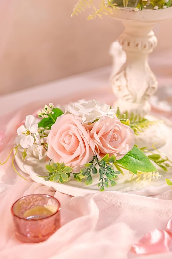 TINGE TIME 3Pcs Pre-made Cake Toppers，Silk Artificial Flowers Decor，Cake Decorations for Weddings, Birthdays, Party,Baby Shower,Celebration (PeachPink&White)