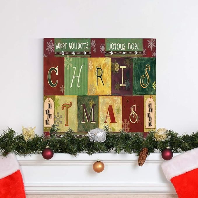 Renditions Gallery Christmas Word Art Wall Art, Cute Winter Decor, Colorful Wrapping Paper Like Designs, Snowflakes, Premium Gallery Wrapped Canvas, Ready to Hang, 16 in H x 16 in W, Made in America