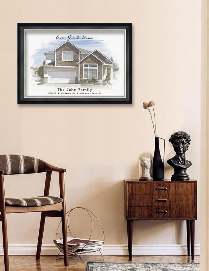 IPIC - Custom Watercolor House Portrait. Personalized Framed Artwork Housewarming Gift Customized Giclee Prints, Custom Giclee Print Includes Names and the Special Date. Framed size: 27.25 x 19.25