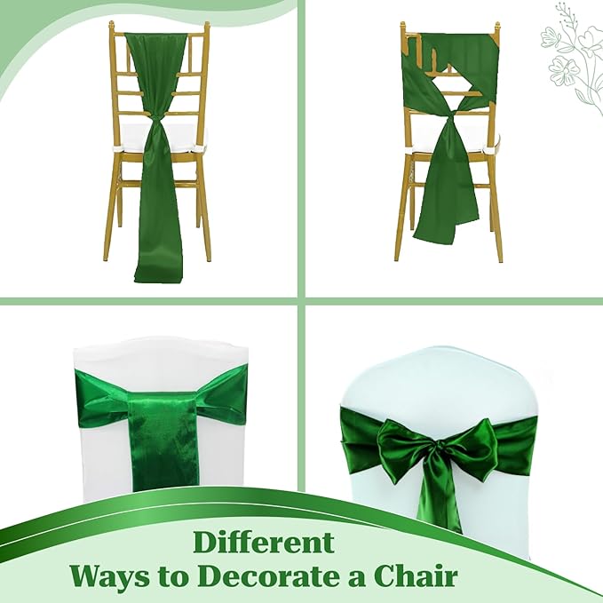 VDS Satin Chair Sashes Chair Cover Back Tie Sateen Bows Ribbon for Wedding Birthday Graduation Engagement Ceremony Event Party Banquet Venue Hotel All Dining Chair Decoration (300PC) (Green)