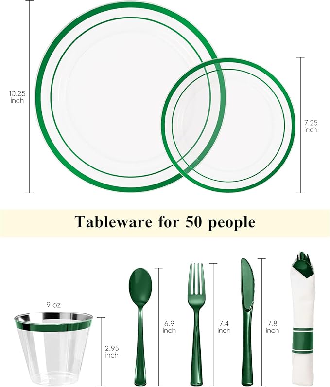 Goodluck 350 Piece Green Plastic Plates, Clear Plastic Silverware Disposable Plates Set, Include 100Plates, 50Pack Pre Rolled Napkins with Silverware, 50Cups for Party, Christmas, Graduation, Wedding