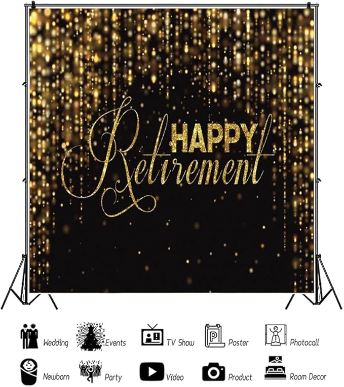 8x8ft Happy Retirement Photography Backdrop Luxury Black and Gold Party Backdrop Background Gold Glitter Celebrate Retirement Party Decorations Wallpaper Studio Props Bokeh Banner Supplies