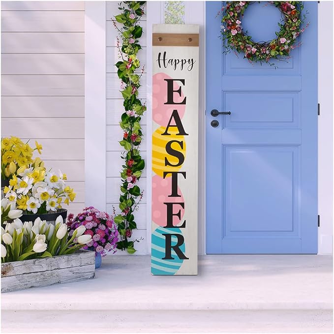 Glitzhome Wooden Happy Easter Sign for Front Porch Door Rustic Farmhouse Style Hanging Welcome Porch Sign with Colored Eggs Primitive Outdoor Sign, 42"H