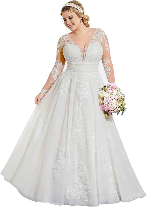 Plus Size Wedding Dresses for Bride Long Sleeve Wedding Bridal Gowns with Lace Appliques Off Shoulder Bride Dress