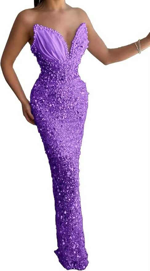 Sparkly Sequin Mermaid Prom Dresses Long V Neck Satin Beaded Pleated Tight High Waist Formal Dresses Evening Party Gowns