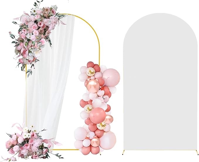 7.2FT Arch Backdrop Stand and Arch Cover Set, Gold Metal Arch Stand Backdrop with White Arch Stand Cover Ideal for Weddings, Birthday Parties, Baby Showers, Celebration Decorations