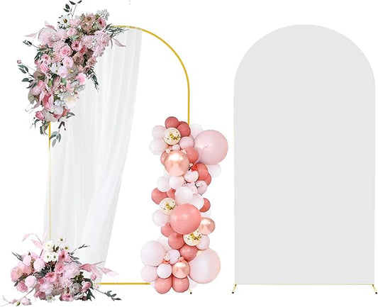 6FT Arch Backdrop Stand and Arch Cover Set, Gold Metal Arch Stand Backdrop with White Arch Stand Cover Ideal for Weddings, Birthday Parties, Baby Showers, Celebration Decorations