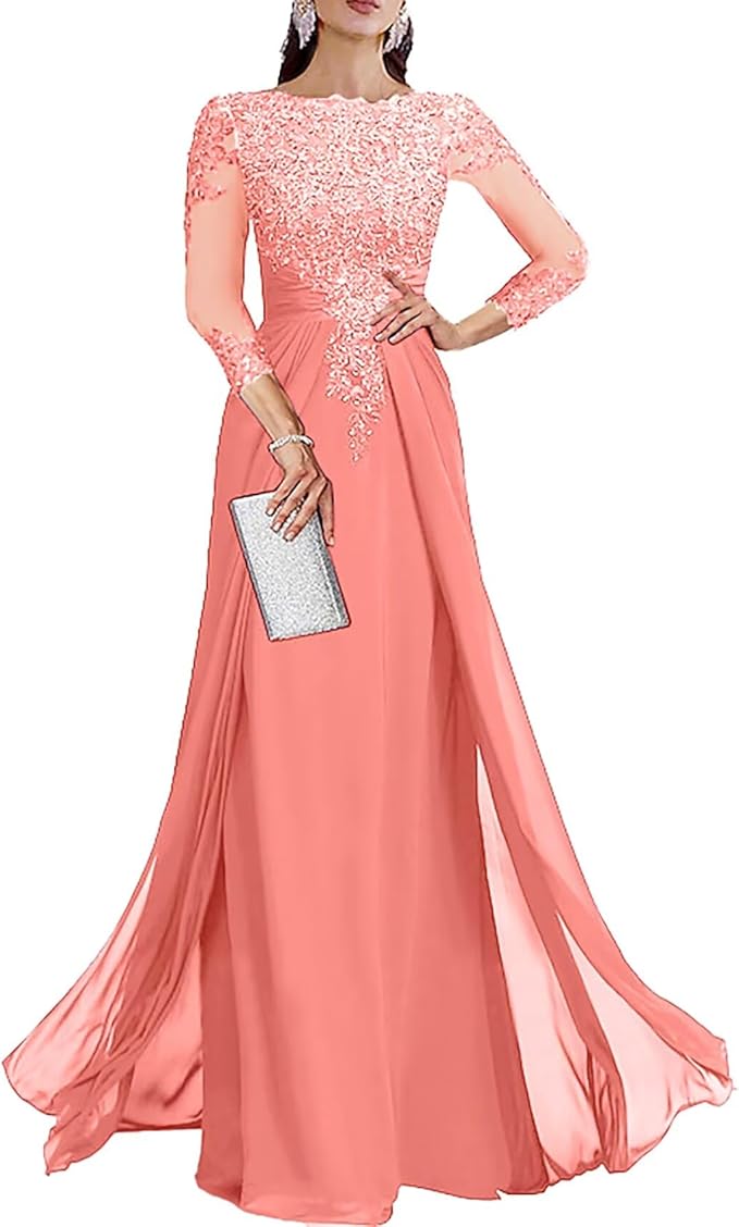 Long Sleeve Mother of The Bride Dresses for Wedding Lace Appliques Chiffon Formal Dress He6052