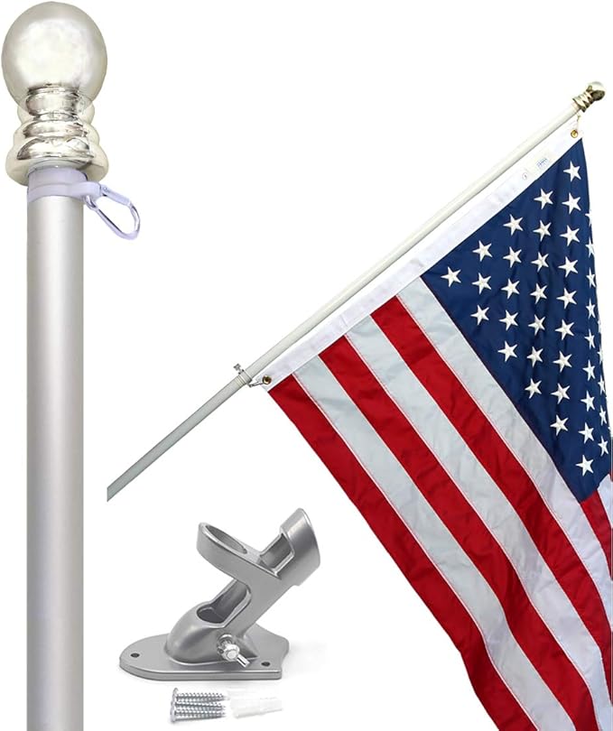 American flag and pole kit set: Includes a 3x5 ft Embroidered US flag made in USA, 6 ft aluminum tangle free spinning flag pole with carabiners, and flagpole holder wall mount bracket (Silver)