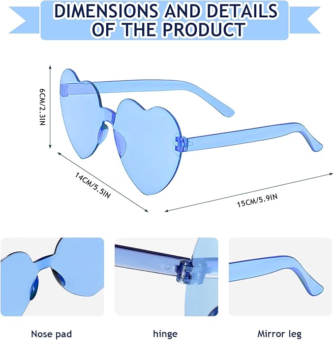 120 Pairs Heart Shaped Sunglasses Transparent Colored Rimless Heart Glasses Fun Plastic Sunglasses Bulk for Women Men Party Favors Eyewear, 30 Colors