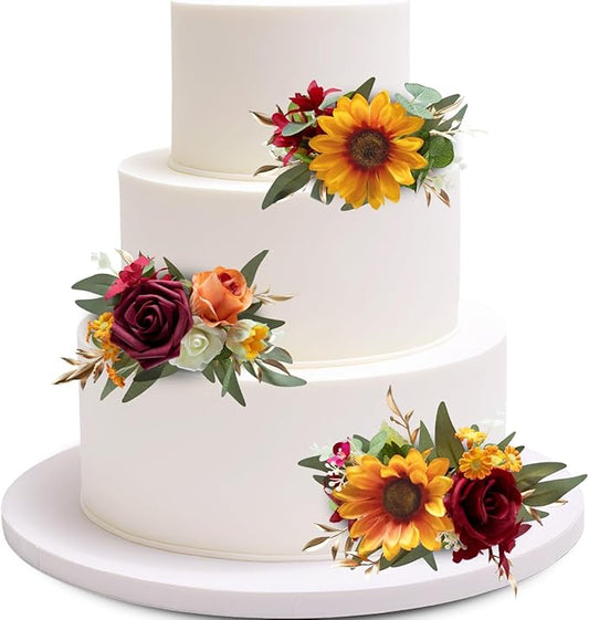 Marriwise 3Pcs Pre-made Cake Toppers Flowers, Sunflower & Red Wedding Cake Decoration,Artificial Flowers Decor for Wedding Ceremony Anniversary,Birthday Party,Fall Vintage (Sunflower & Red)